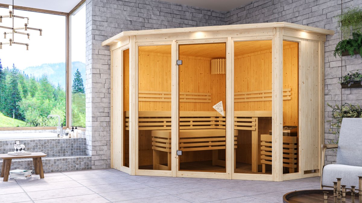 Karibu 5-Eck-Sauna Alcinda - 231x231 cm, 68 mm Systemsauna "Superior"