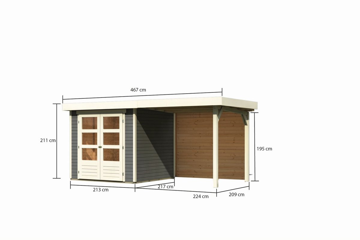 Gartenhaus Askola 2  - 213x217 cm mit Anbaudach 2,40m und Rückwand, 19 mm terragrau, Karibu