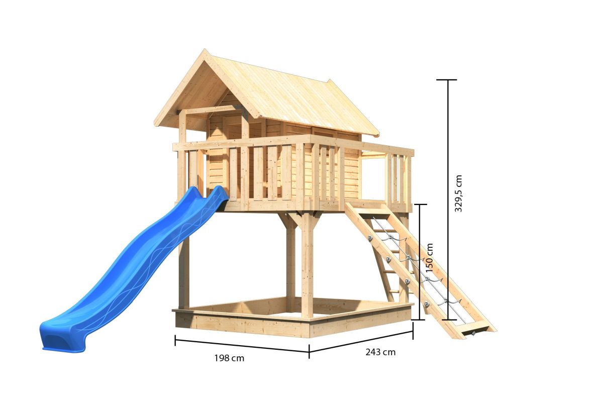 Stelzenhaus FIDEL naturbelassen, Set mit Netzrampe und Rutsche blau