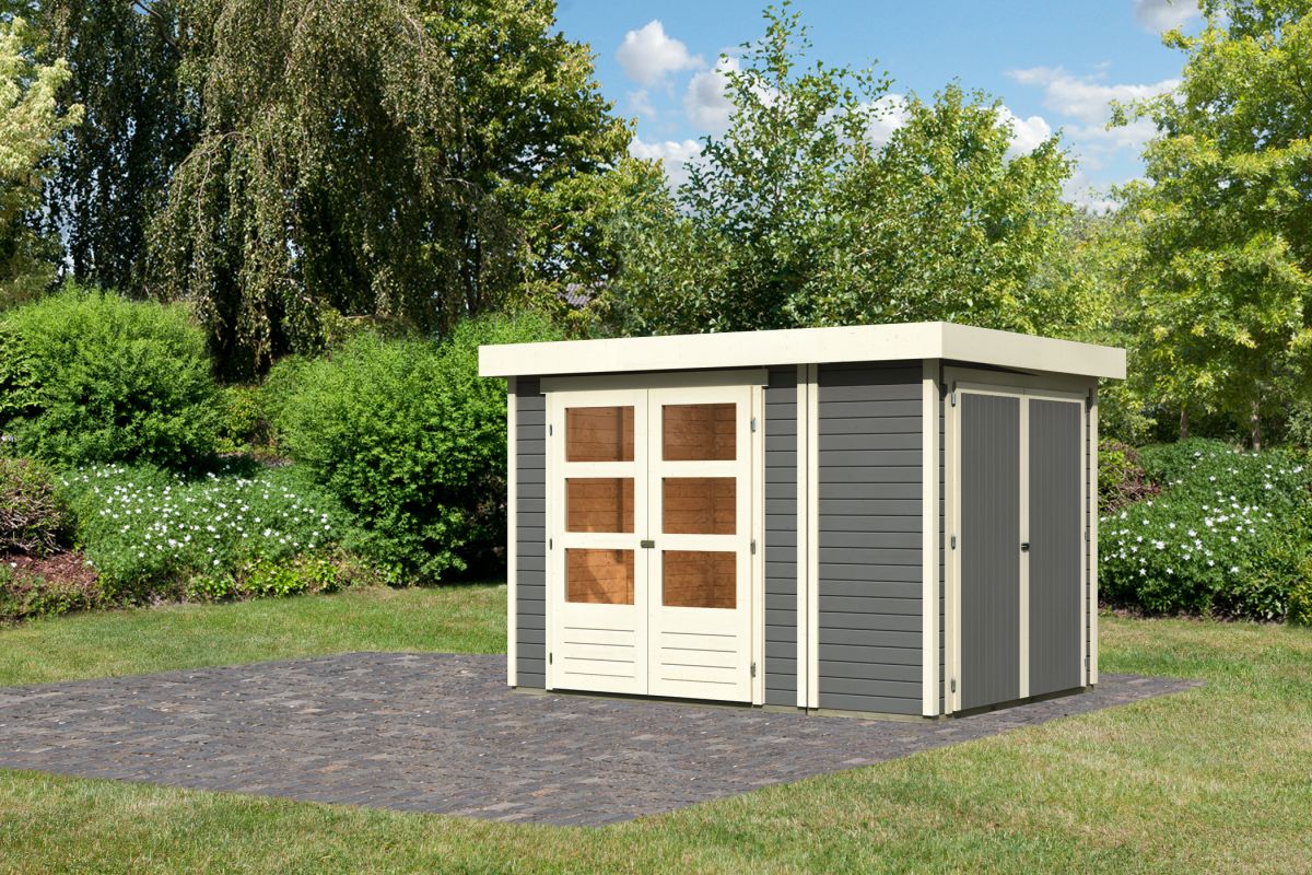 Gartenhaus Retola 2 - 288x217 cm mit Anbauschrank, 19 mm Holz terragrau, Karibu