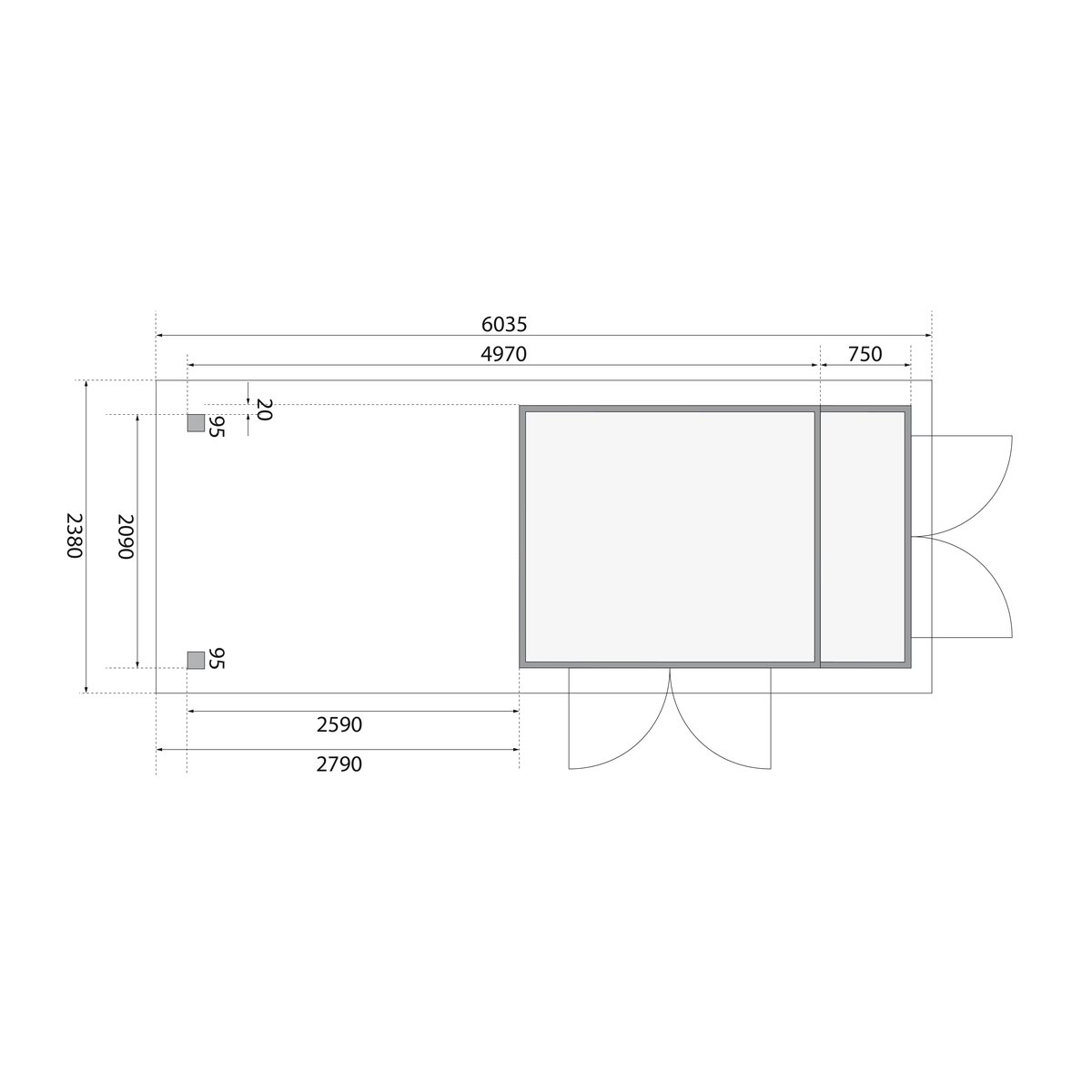 Gartenhaus Retola 3, 319x217 cm mit Anbauschrank und Anbaudach 2,80 m, 19 mm Holz naturbelassen, Karibu