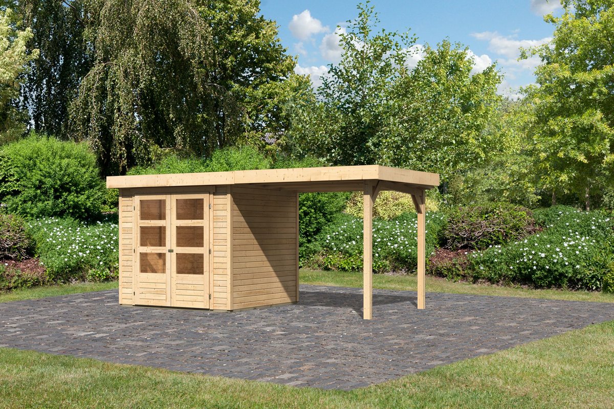 Gartenhaus Askola 2  - 213x217 cm mit Anbaudach 2,40m, 19 mm naturbelassen, Karibu