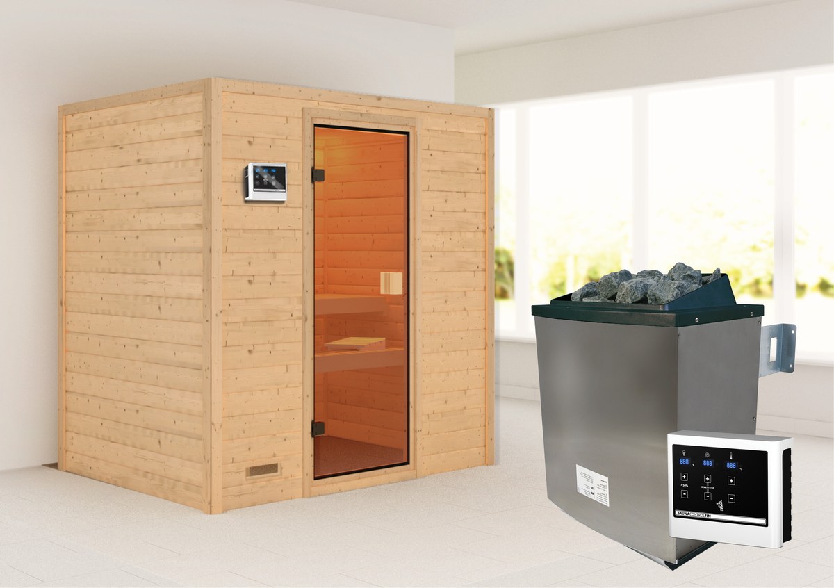Aktionssauna Bergen 1 - 196x146 cm, 38 mm Massivholz|Set-Ofen 2