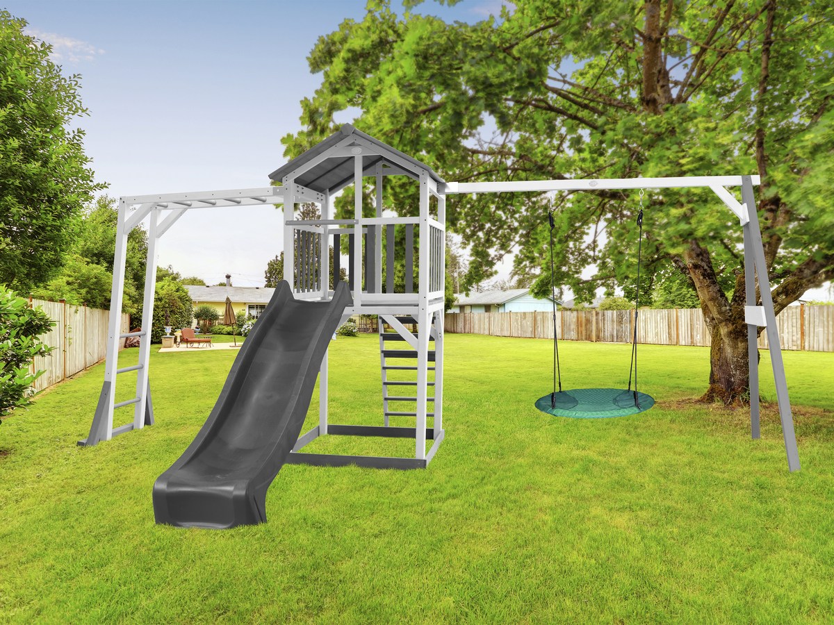 Spielturm Beach Tower Climbing & Summer Nest Swing grau/weiß mit Rutsche grau