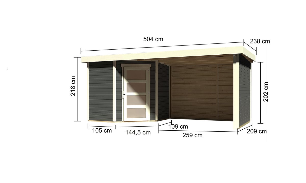 Gartenhaus Schwandorf 3, 213x217 cm plus Anbaudach 2,80m mit Wänden, 19 mm Holz terragrau