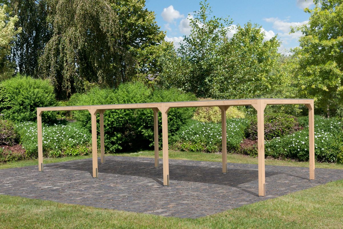 Pavillon Cubus mit 2 Verlängerungen - 934x320 cm, Leimholz natur, Karibu