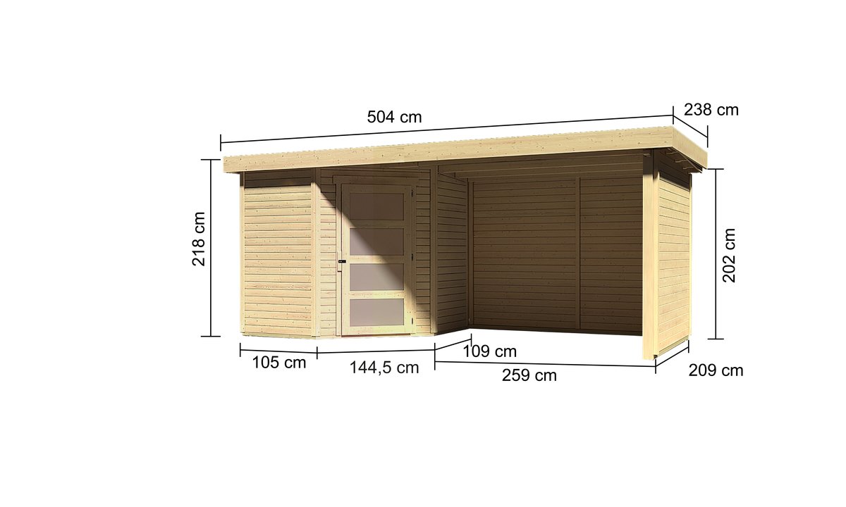 Gartenhaus Schwandorf 3, 213x217 cm plus Anbaudach 2,80m mit Wänden, 19 mm Holz naturbelassen
