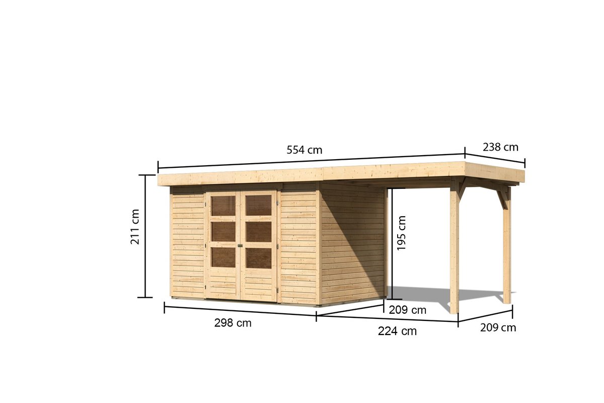 Gartenhaus Askola 4 - 302x217 cm mit Anbaudach 2,40m, 19 mm Holz naturbelassen, Karibu