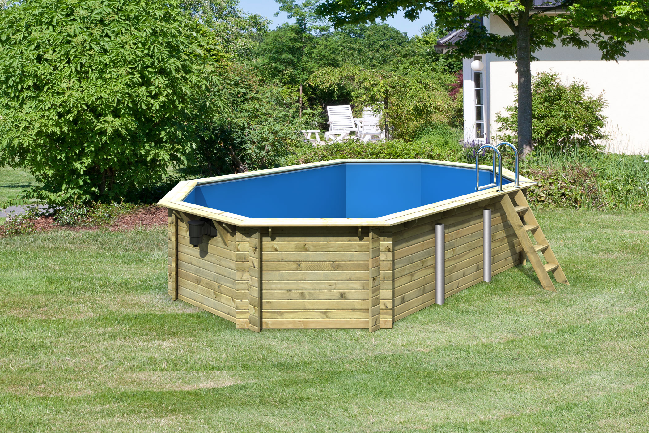 Karibu Pool Modell 4A Classic 400x611 cm, Holz kdi mit blauer Poolfolie