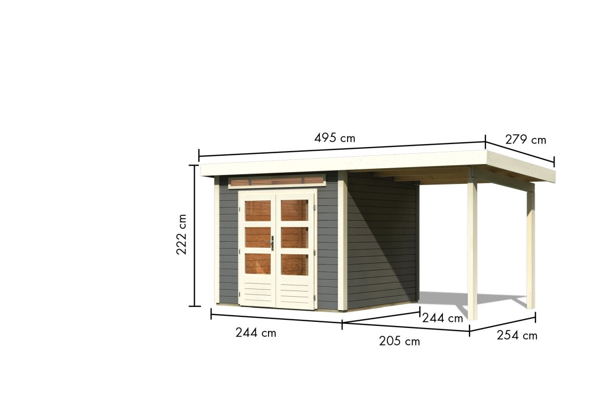 Gartenhaus Kandern 3  - 244x244 cm mit Anbaudach 2,35 m, 28 mm Holz terragrau, Karibu
