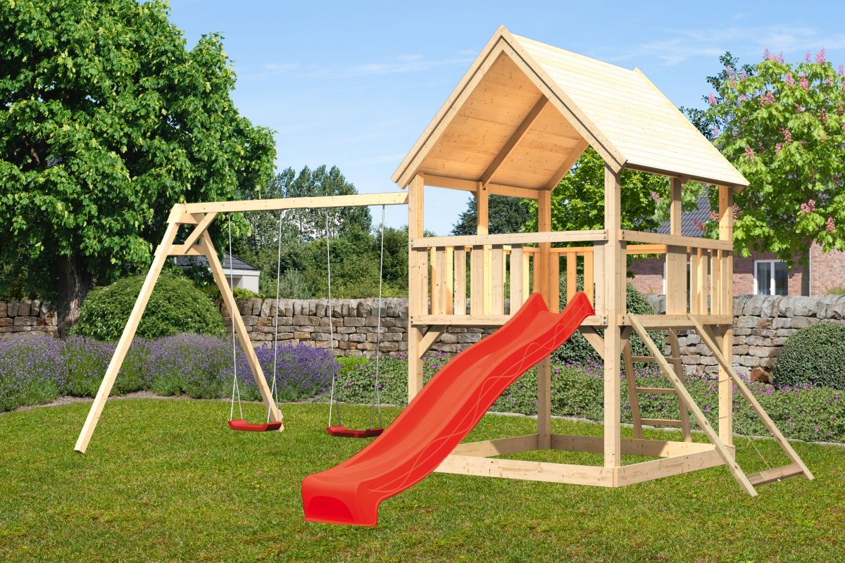 Spielturm Luis natur, SET mit Netzrampe, Doppelschaukel und Rutsche rot