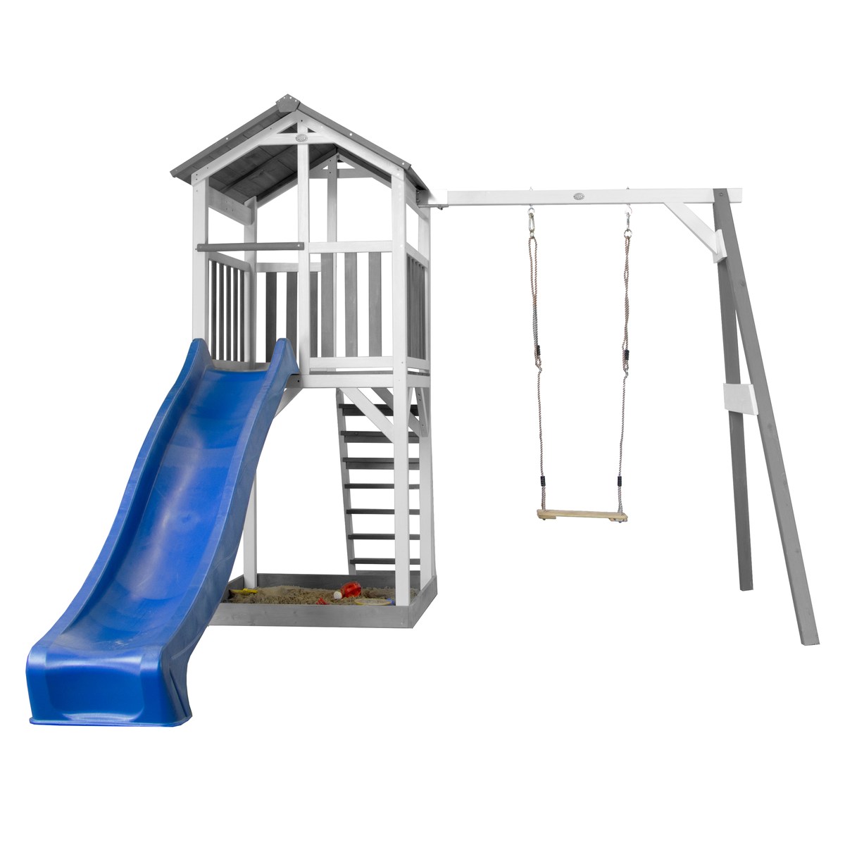 Spielturm Beach Tower Swing grau/weiß mit Rutsche blau